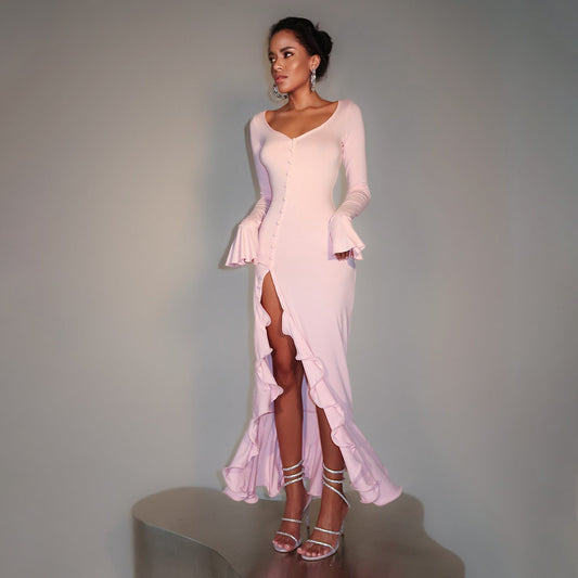 Makiba Bell-Sleeve Side-Slit Dress