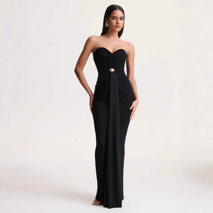 Women Clothing Elegant Chest Wrapped Pleated Three Dimensional Design High Sense Backless Maxi Dress Waist Tight