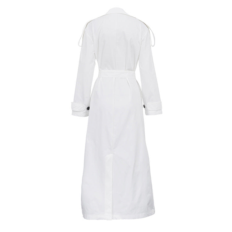 Simple Office Long Trench Coat Women Collared Long Sleeve Cardigan Tie Front Top