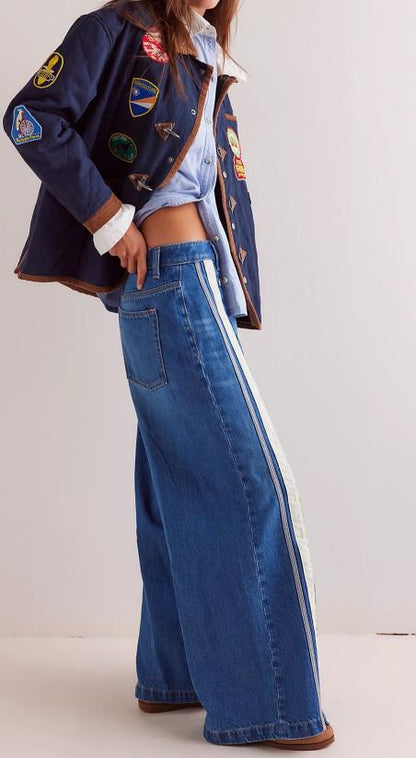 Pantalon en denim à jambes larges et color-block Zyara