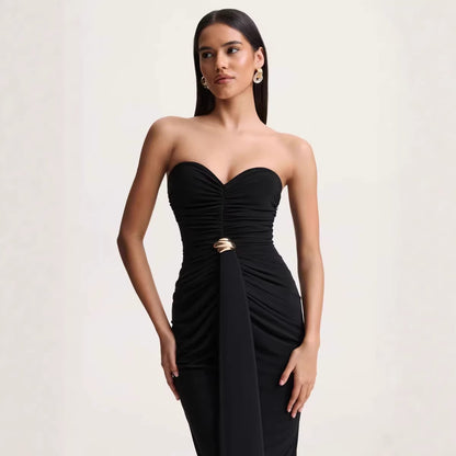 Women Clothing Elegant Chest Wrapped Pleated Three Dimensional Design High Sense Backless Maxi Dress Waist Tight