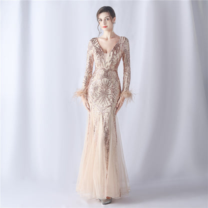 Zayira Ostrich Hair Mesh Evening Dress
