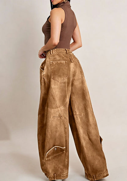 Women Wear Supply Washed Distressed Pocket Wide Loose Jeans Women