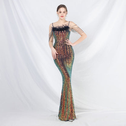 Zahira Beaded Feather Sequin Evening Dress