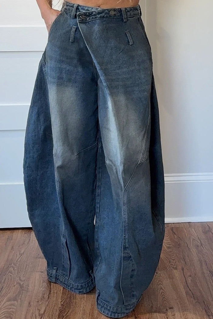 Women Wear Supply Washed Distressed Pocket Wide Loose Jeans Women
