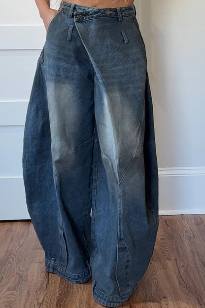 Women Wear Supply Washed Distressed Pocket Wide Loose Jeans Women