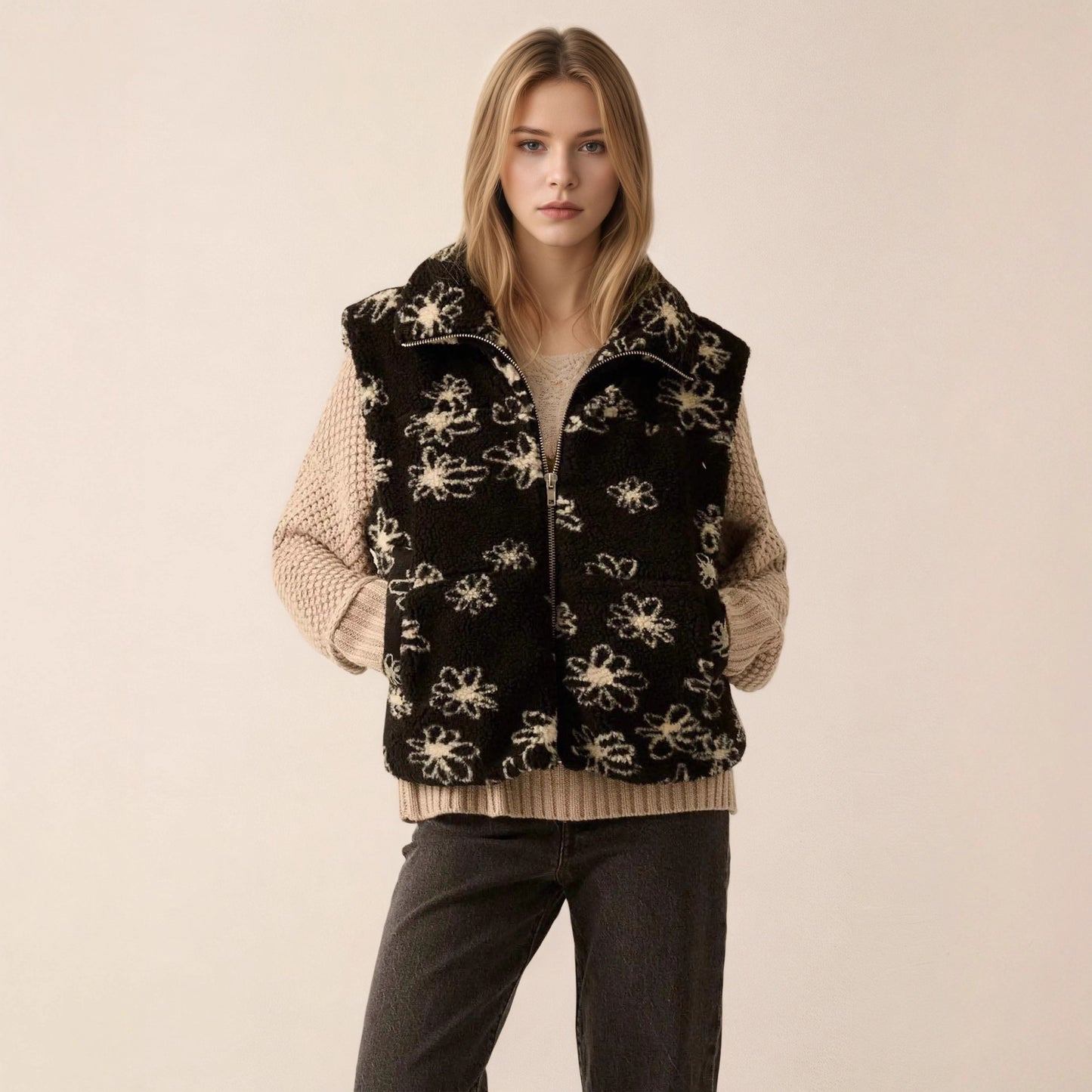 Gilet Sefira à fleurs en peau lainée
