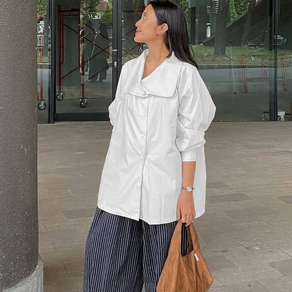 French Minority White with Collared Shirt Women Long Sleeve Single Breasted Simple Casual Shirt
