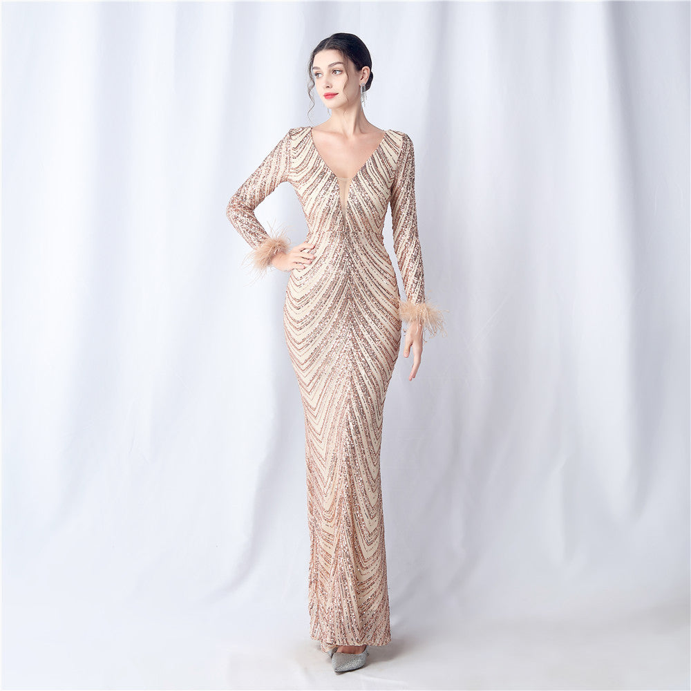 Amirah Feathered Sequin Evening Dress