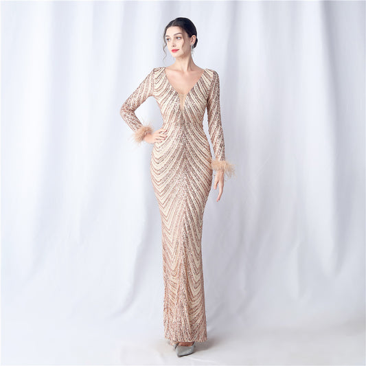 Amirah Feathered Sequin Evening Dress