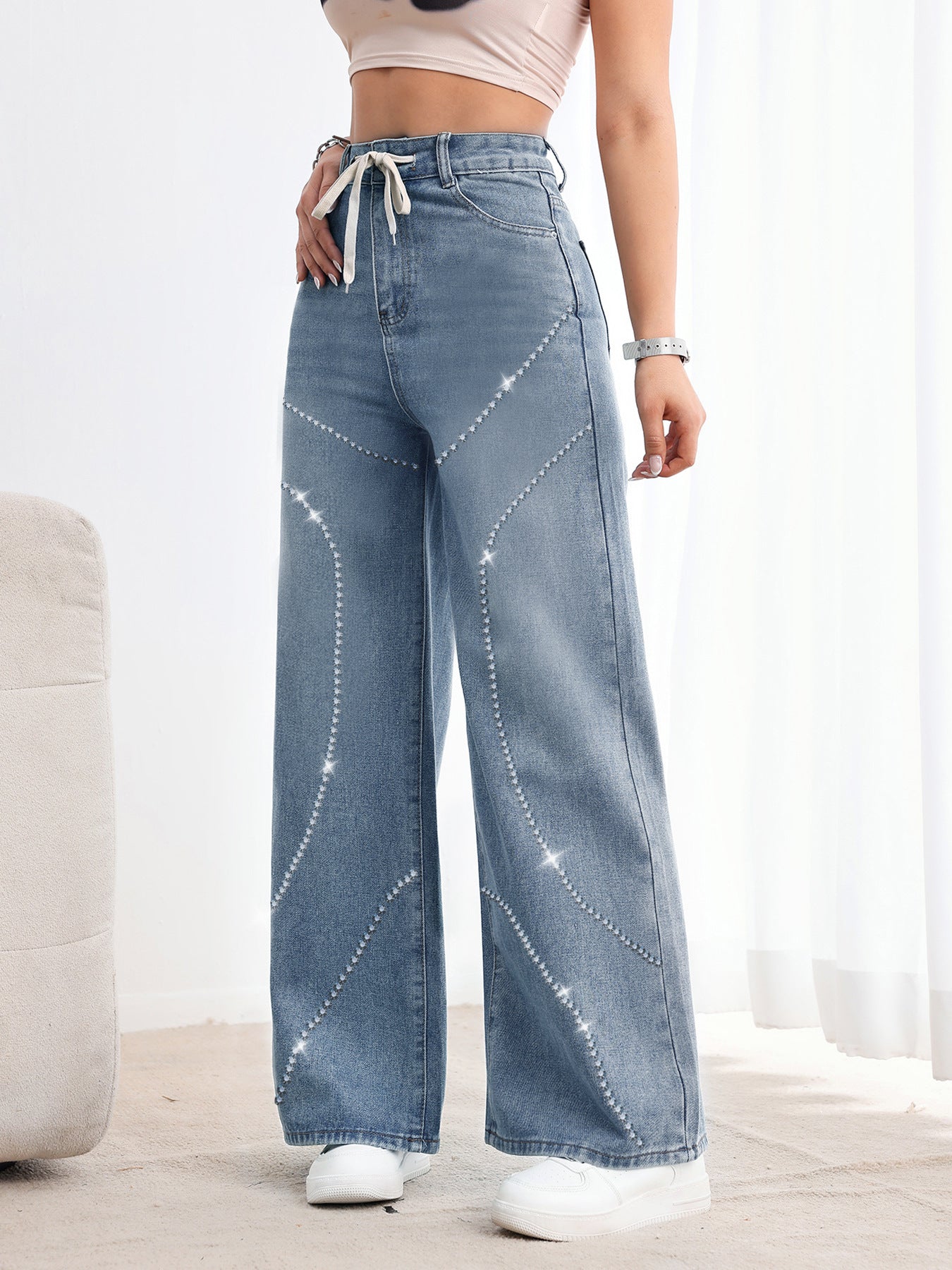 Jean en denim taille haute à strass Sefara
