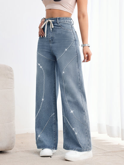 Jean en denim taille haute à strass Sefara