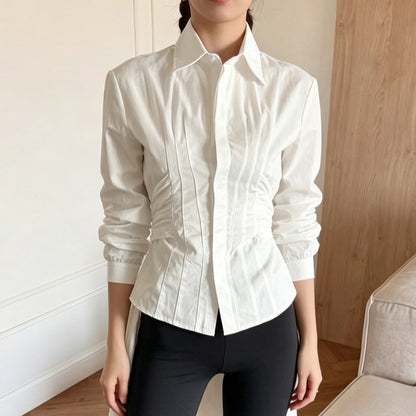 Design Pure Cotton Shirt Waist Controlled Lace up Long Sleeve Irregular Asymmetric Shirt Women Top