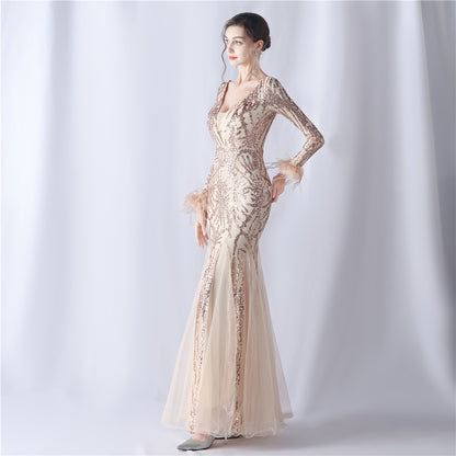 Zayira Ostrich Hair Mesh Evening Dress
