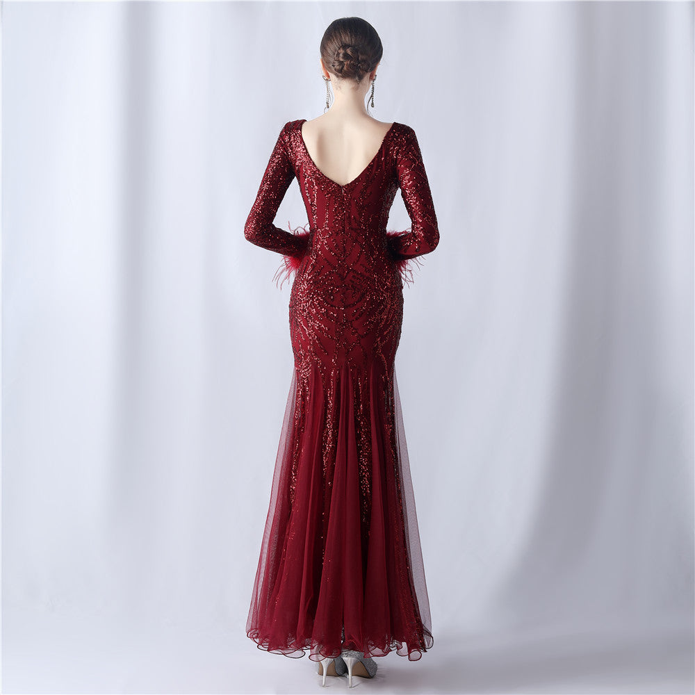 Zayira Ostrich Hair Mesh Evening Dress
