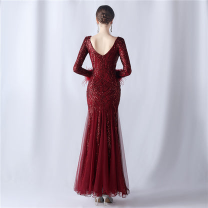 Zayira Ostrich Hair Mesh Evening Dress
