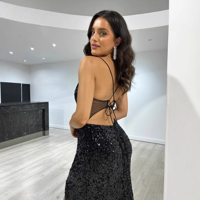 Robe longue à bretelles et sequins Nalika