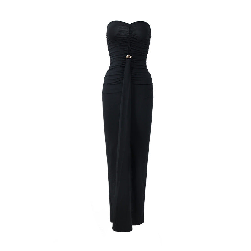 Women Clothing Elegant Chest Wrapped Pleated Three Dimensional Design High Sense Backless Maxi Dress Waist Tight