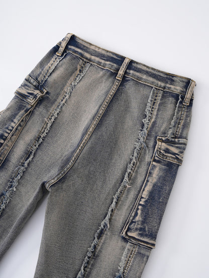 Street Tide Brand Waste Soil Cargo Jeans Three Dimensional Pocket Frayed Wide Leg Pants Women Jeans