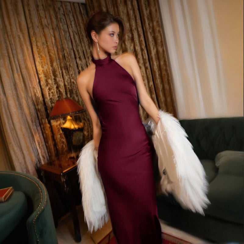 Zuri Backless Halter Satin Maxi Dress