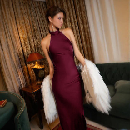 Zuri Backless Halter Satin Maxi Dress