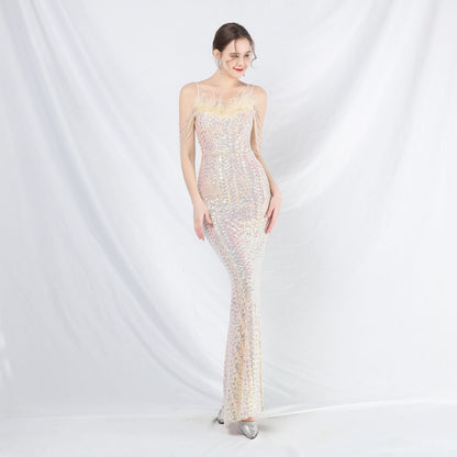 Zahira Beaded Feather Sequin Evening Dress