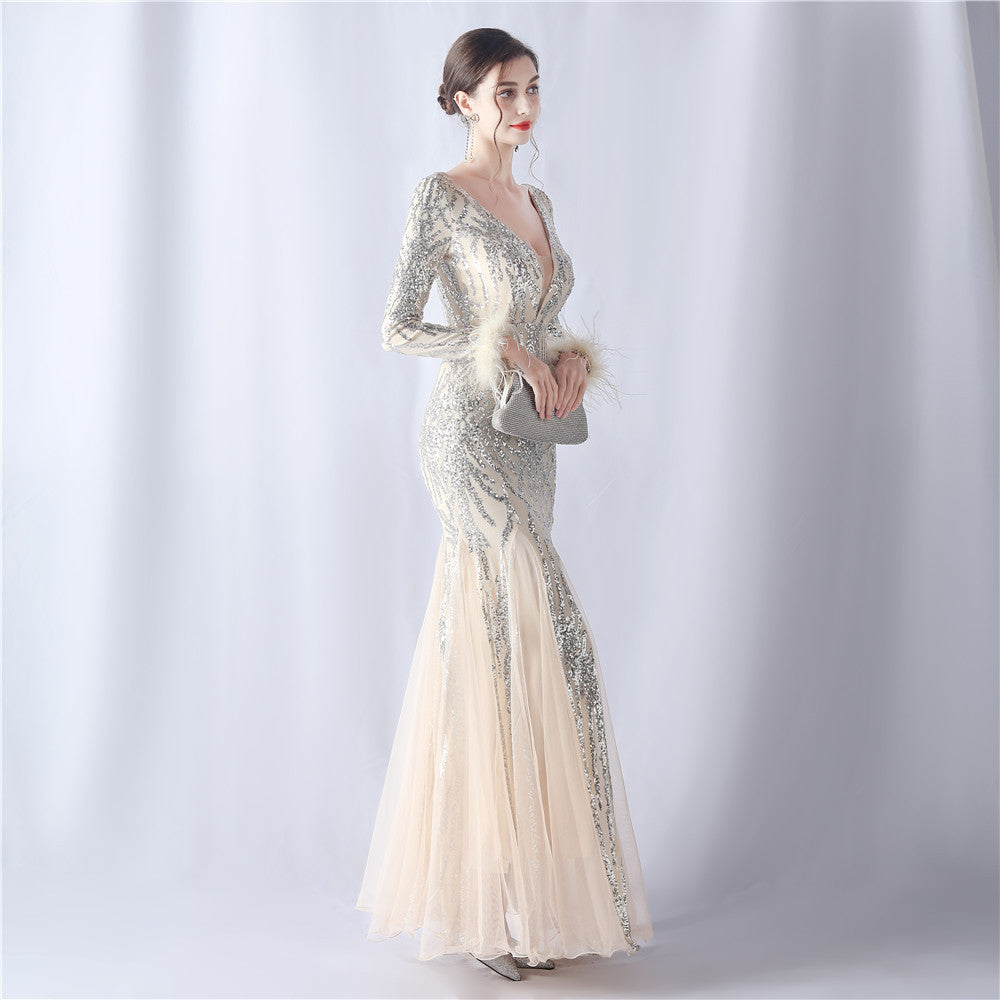 Zayira Ostrich Hair Mesh Evening Dress
