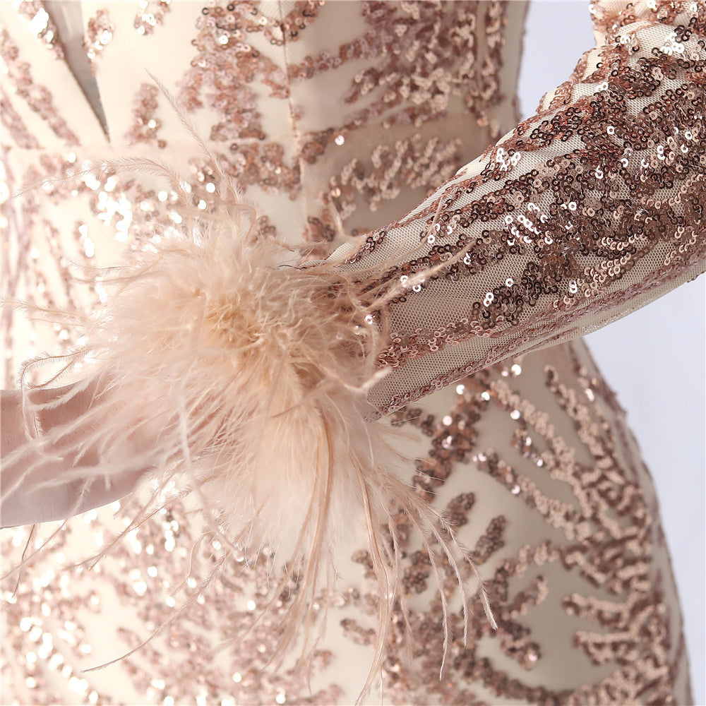 Zayira Ostrich Hair Mesh Evening Dress