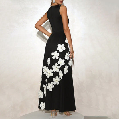 Elegant Elegant Dress High Grade Three Dimensional Floral Design round Neck Sleeveless High Waist A line Dress