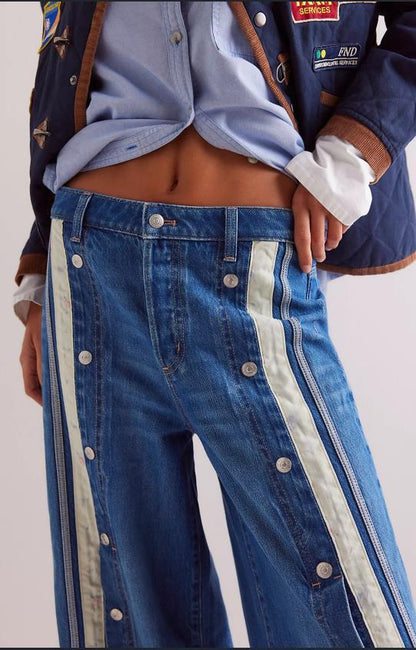 Pantalon en denim à jambes larges et color-block Zyara