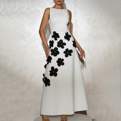 Elegant Elegant Dress High Grade Three Dimensional Floral Design round Neck Sleeveless High Waist A line Dress