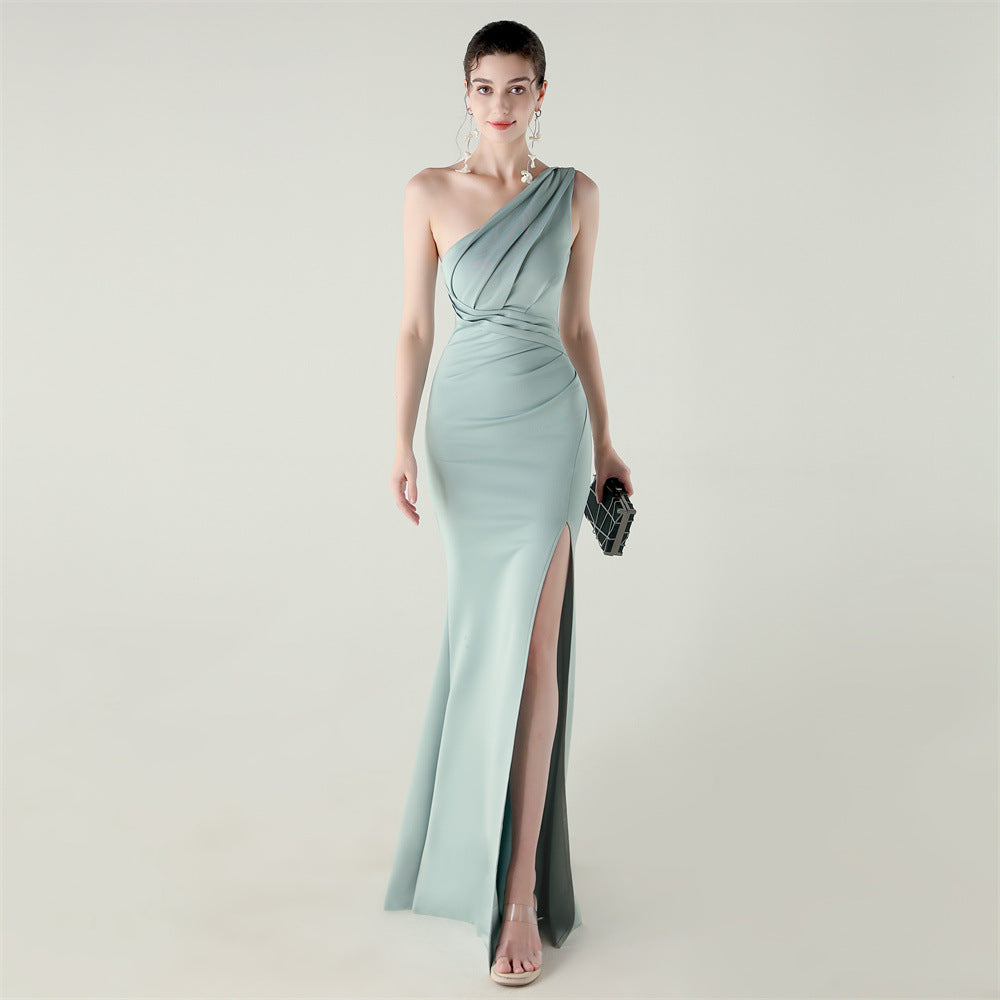 Zola One-Shoulder Satin Fishtail Gown