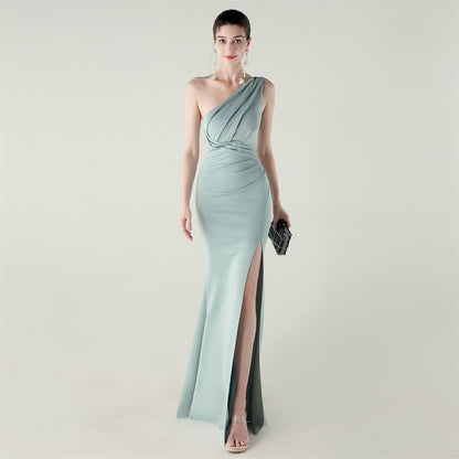 Zola One-Shoulder Satin Fishtail Gown