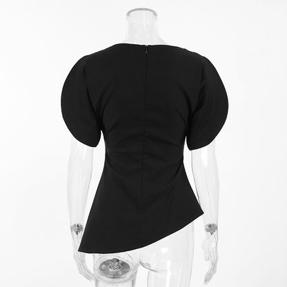 Niche Design Black Short Sleeve Wide Waist Slimming Shirt Summer Office Elegant Top for Women