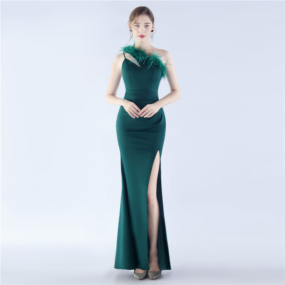 Zalika Ostrich Feather Satin Evening Dress
