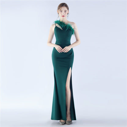 Zalika Ostrich Feather Satin Evening Dress