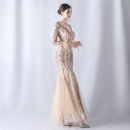 Zayira Ostrich Hair Mesh Evening Dress