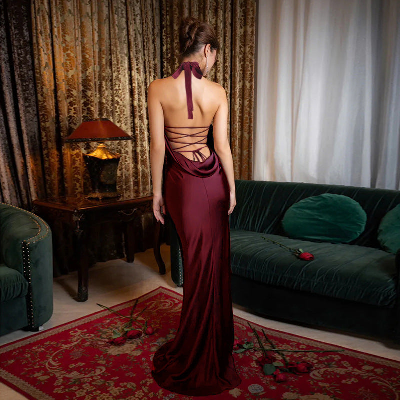 Zuri Backless Halter Satin Maxi Dress