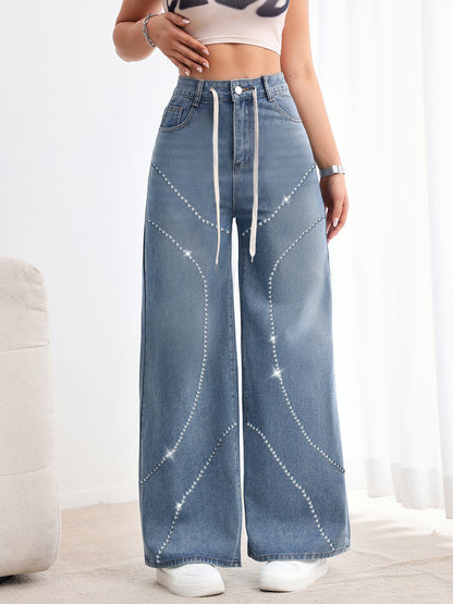 Jean en denim taille haute à strass Sefara