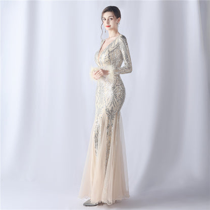 Zayira Ostrich Hair Mesh Evening Dress