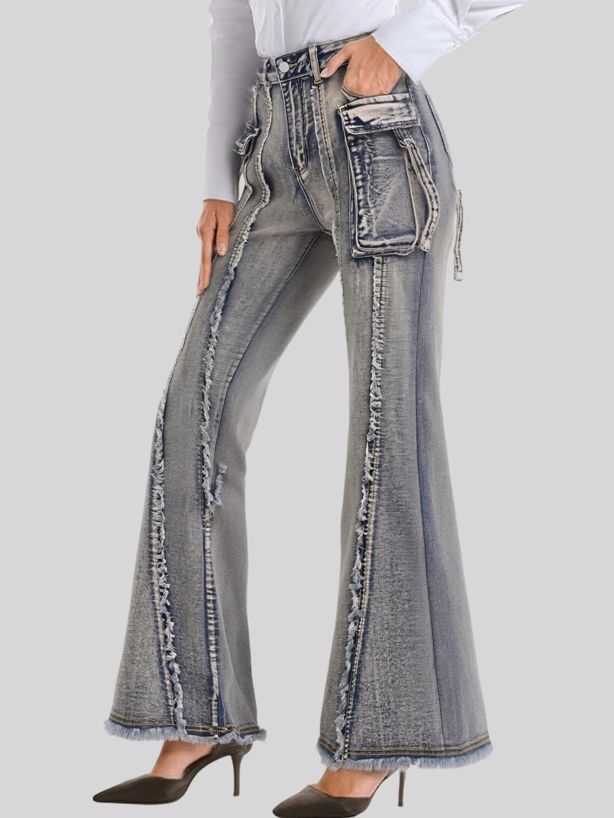 Street Tide Brand Waste Soil Cargo Jeans Three Dimensional Pocket Frayed Wide Leg Pants Women Jeans