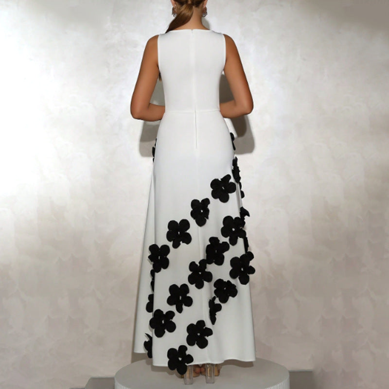 Elegant Elegant Dress High Grade Three Dimensional Floral Design round Neck Sleeveless High Waist A line Dress