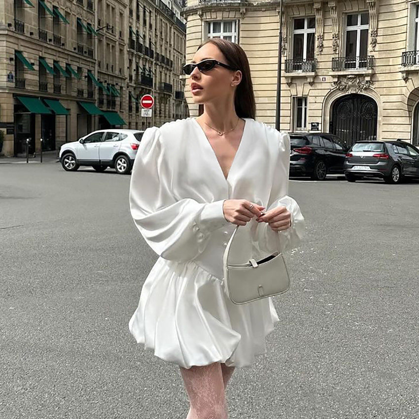 Adanna White Glow Satin Dress