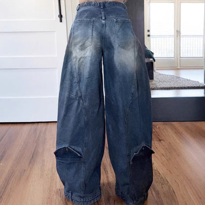 Women Wear Supply Washed Distressed Pocket Wide Loose Jeans Women