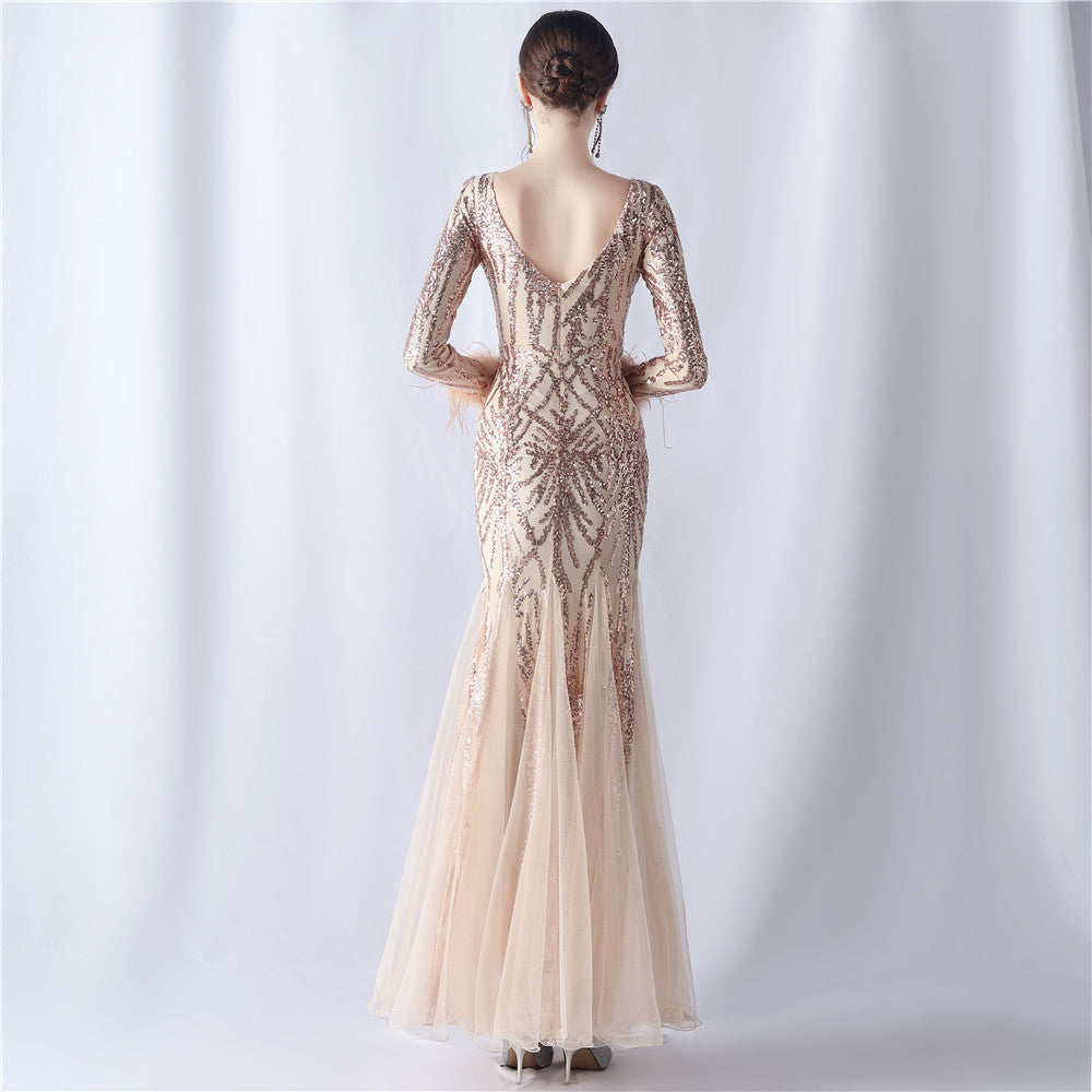 Zayira Ostrich Hair Mesh Evening Dress