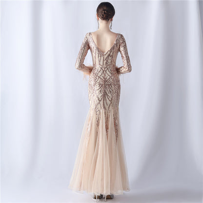 Zayira Ostrich Hair Mesh Evening Dress
