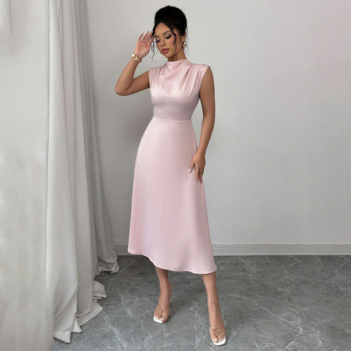 Amira Pleated Satin A-Line Dress